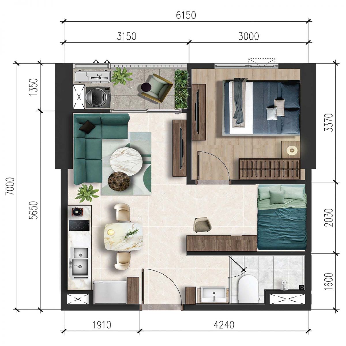Layout thiết kế chi tiết căn 39m2 1PN A&T Sky Garden