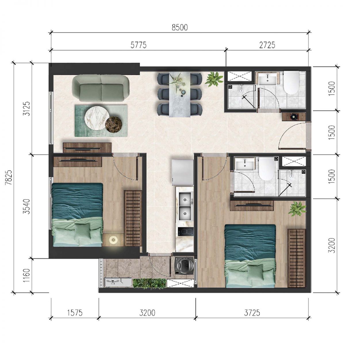Layout thiết kế chi tiết căn 58m2 2PN A&T Sky Garden