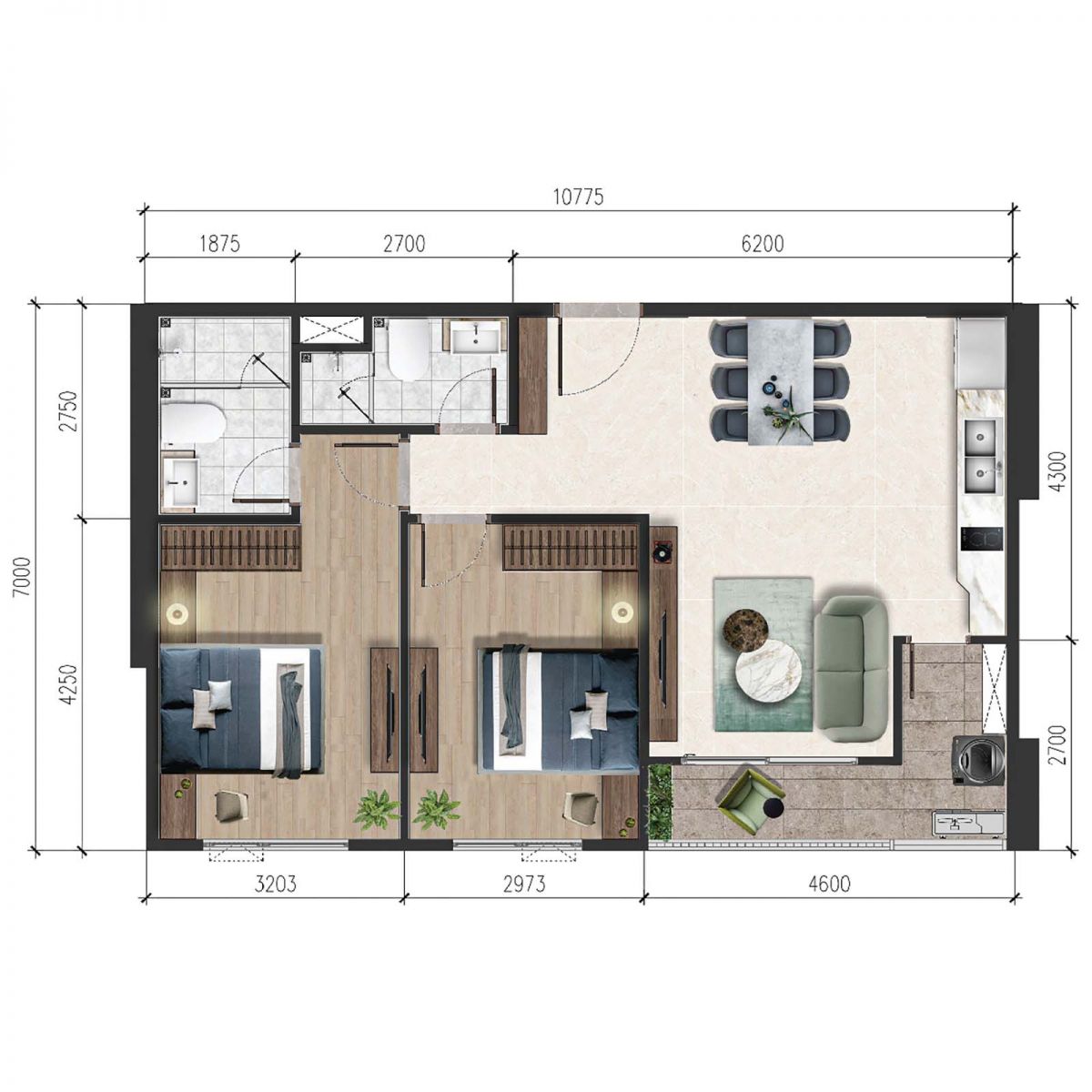 Layout thiết kế chi tiết căn 69.6m2 2PN A&T Sky Garden
