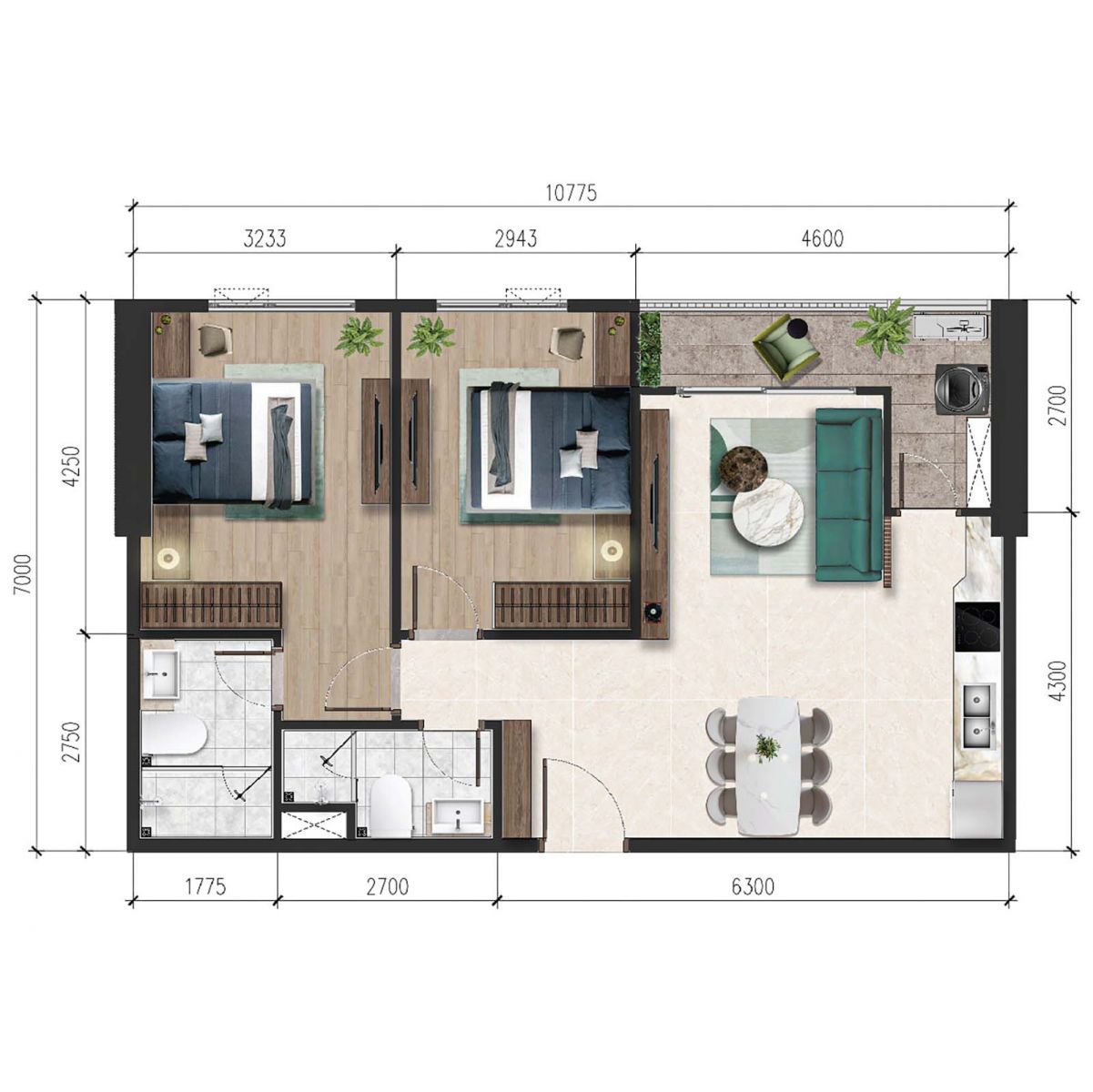 Layout thiết kế chi tiết căn 70.1m2 2PN A&T Sky Garden