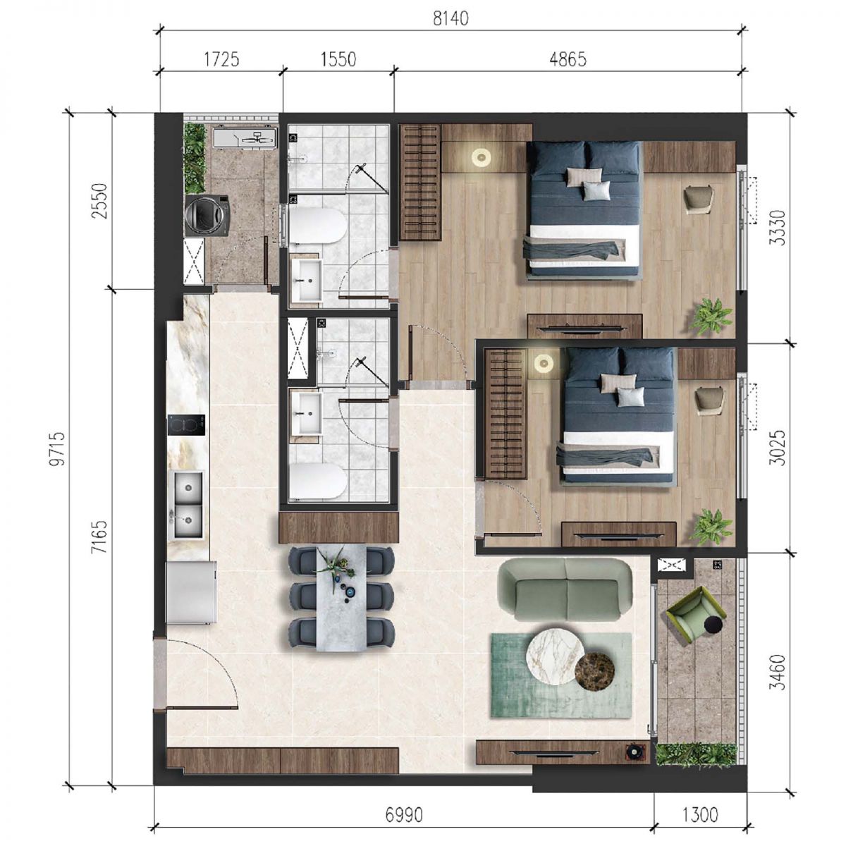 Layout thiết kế chi tiết căn 73m2 2PN A&T Sky Garden