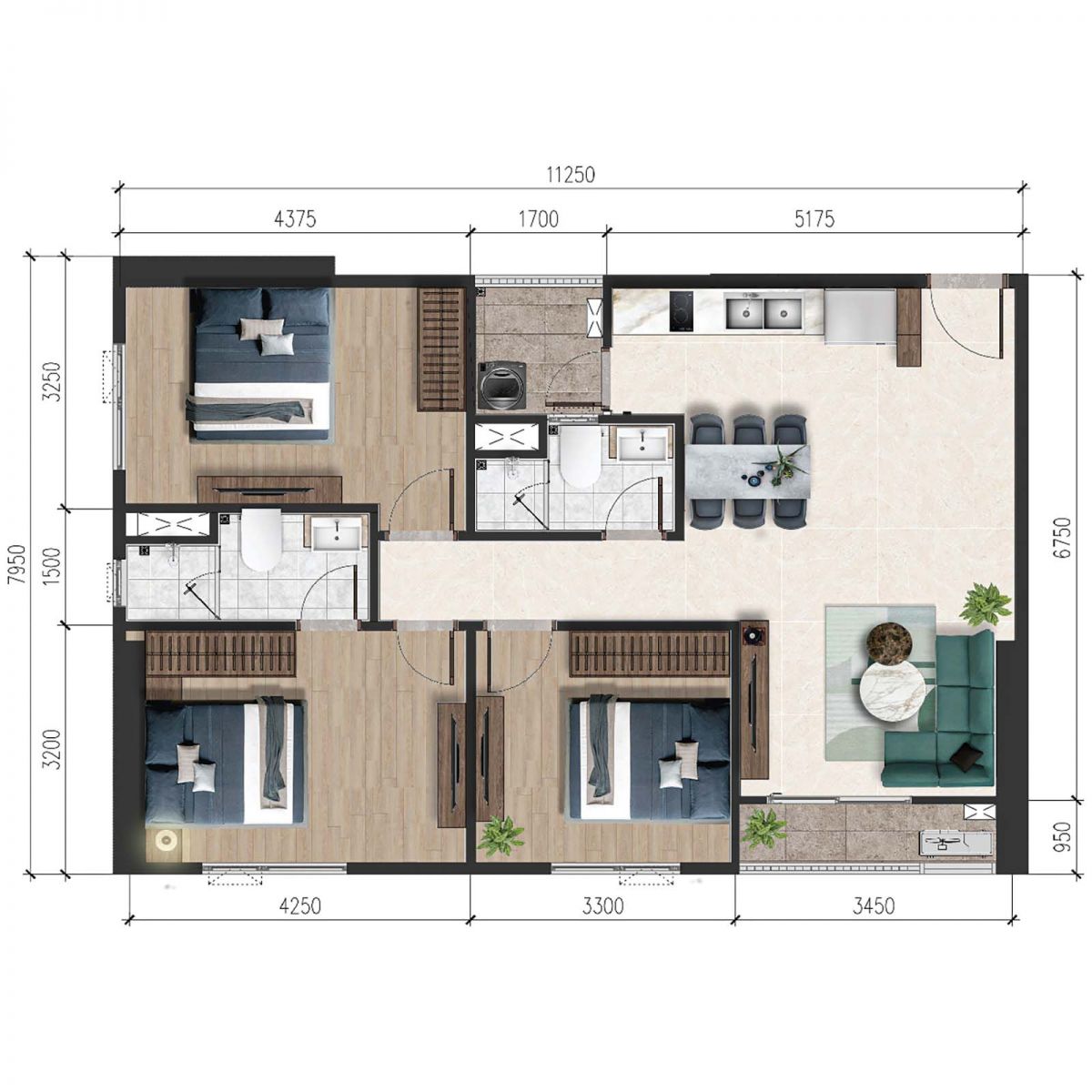 Layout thiết kế chi tiết căn 80m2 3PN A&T Sky Garden
