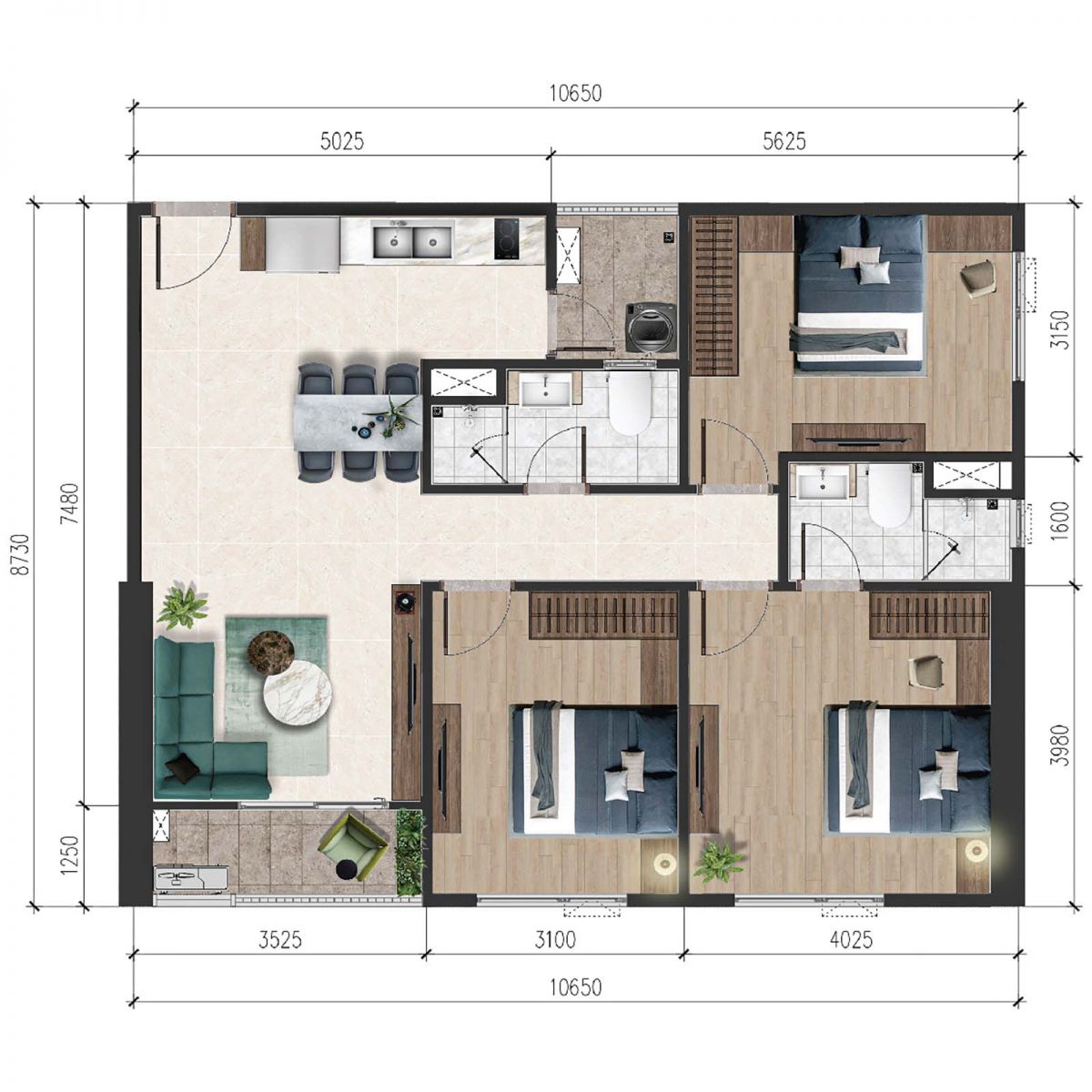 Layout thiết kế chi tiết căn 86m2 3PN A&T Sky Garden