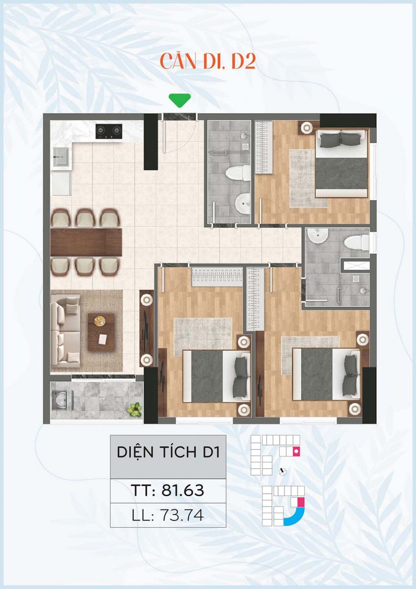 Layout thiết kế chi tiết căn D tháp Bcons City
