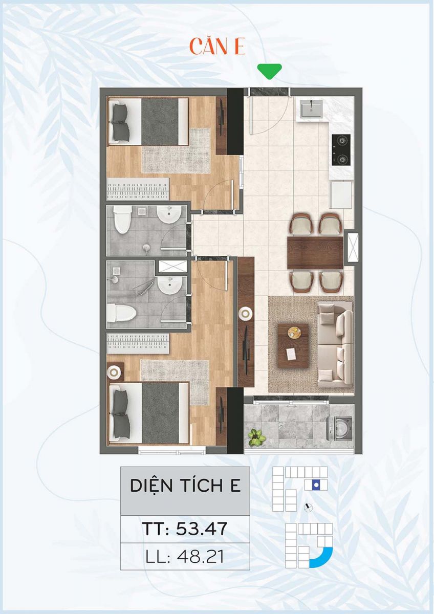 Layout thiết kế chi tiết căn E tháp Bcons City
