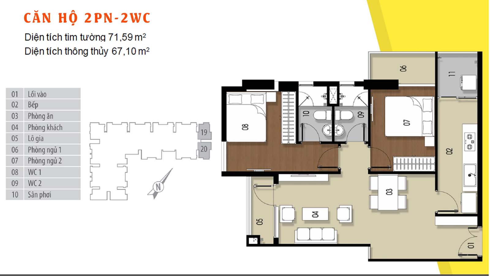 Layout thiết kế chi tiết căn hộ 71.59 Him Lam Phú Đông