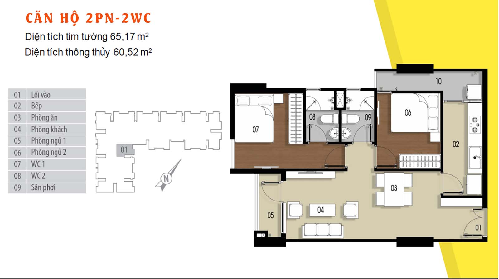 Layout thiết kế chi tiết căn hộ 65.17 Him Lam Phú Đông