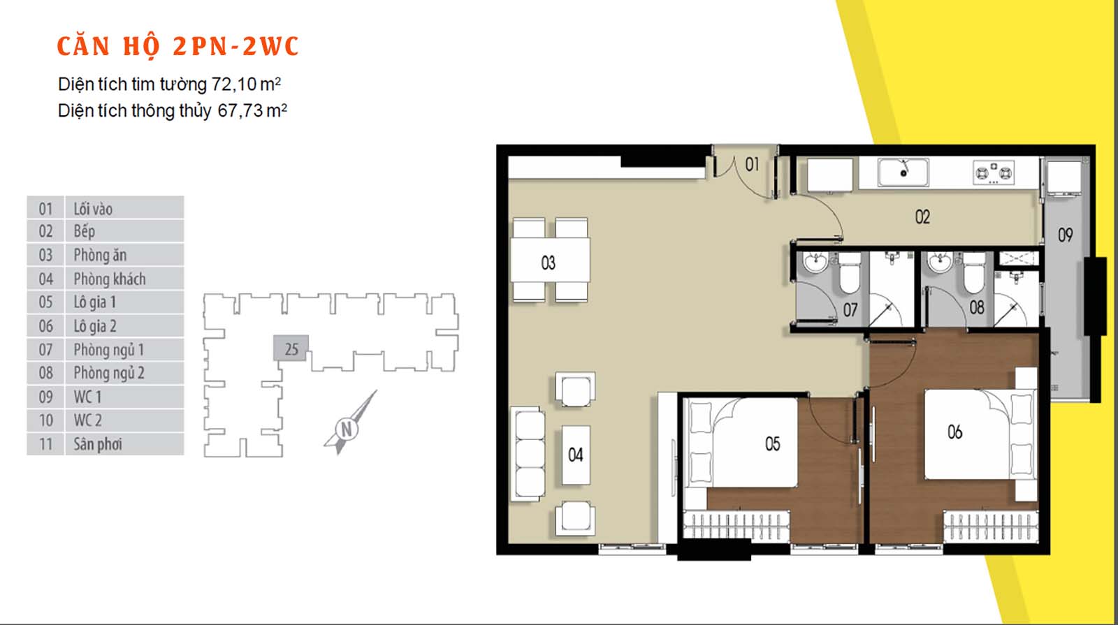 Layout thiết kế chi tiết căn hộ 72.10 m2 Him Lam Phú Đông