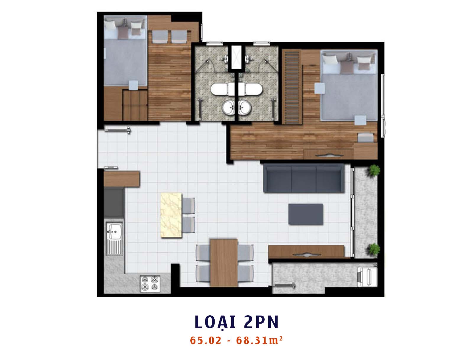 Layout thiết kế chi tiết căn 2PN 65.02 - 68.31m2 Phú Đông Premier