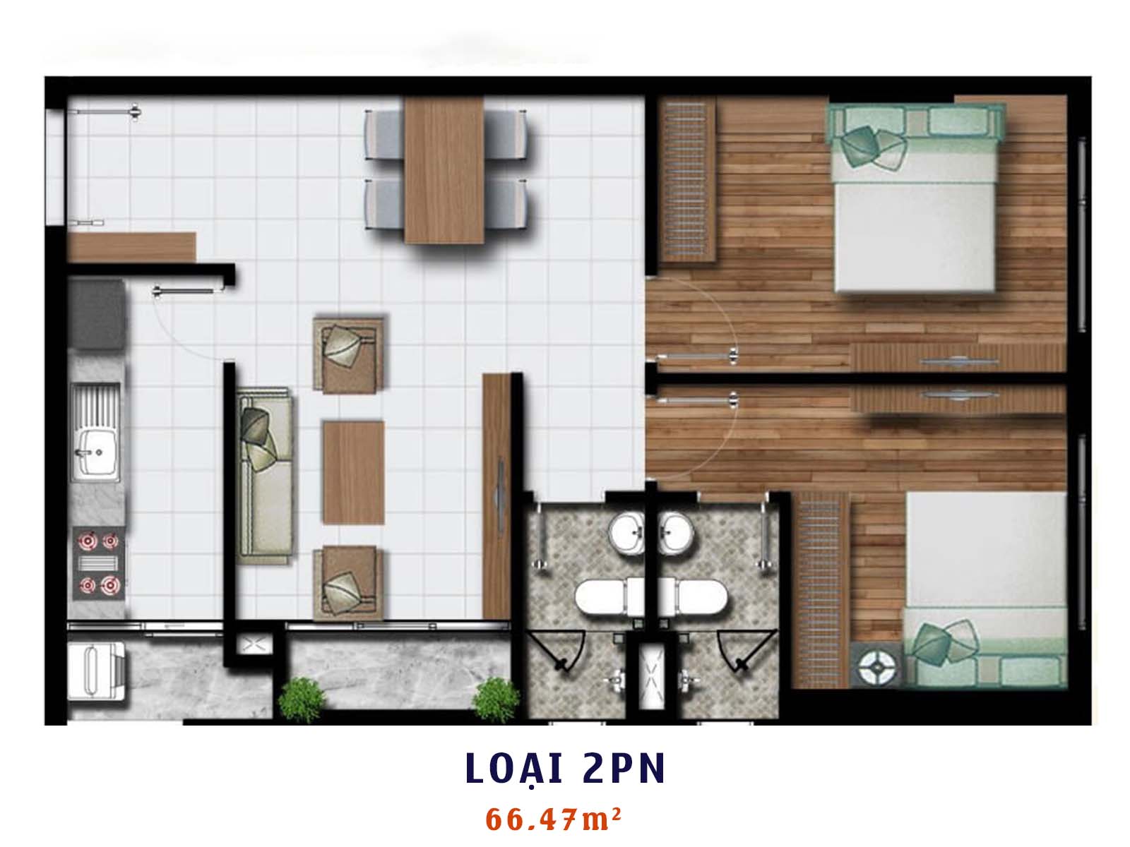 Layout thiết kế chi tiết căn 2PN 66.47m2 Phú Đông Premier