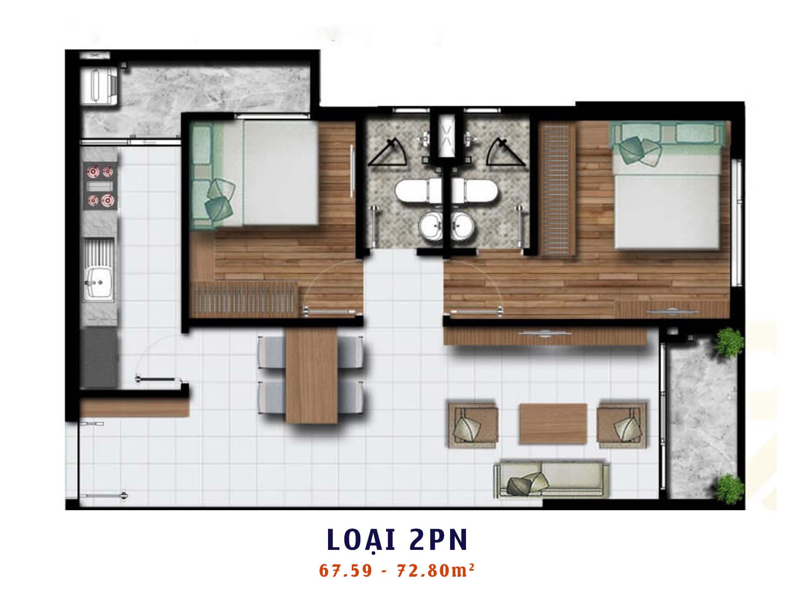 Layout thiết kế chi tiết căn 2PN 67.59 - 72.80m2 Phú Đông Premier