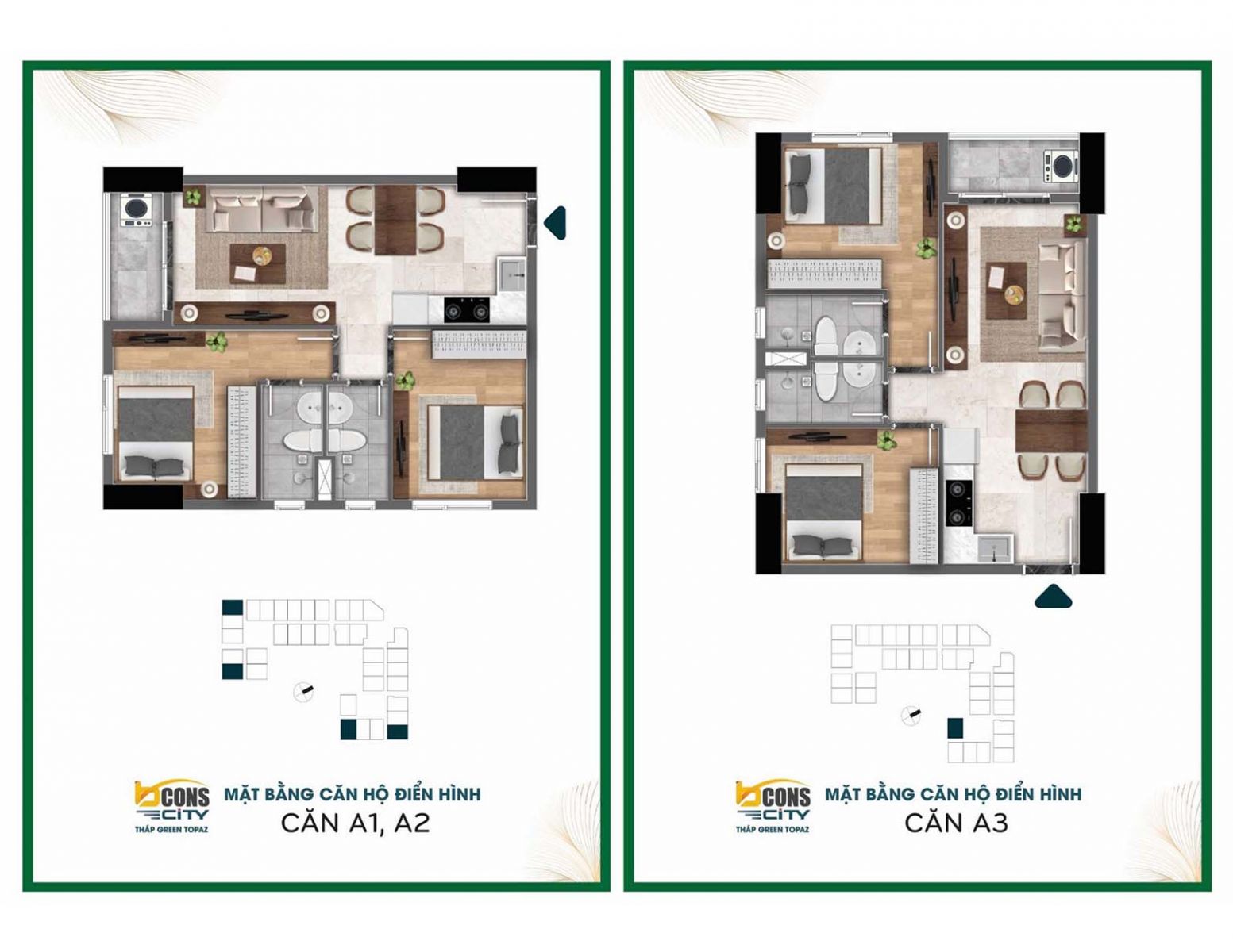 Layout thiết kế chi tiết căn A1-A3 tháp Green Topaz