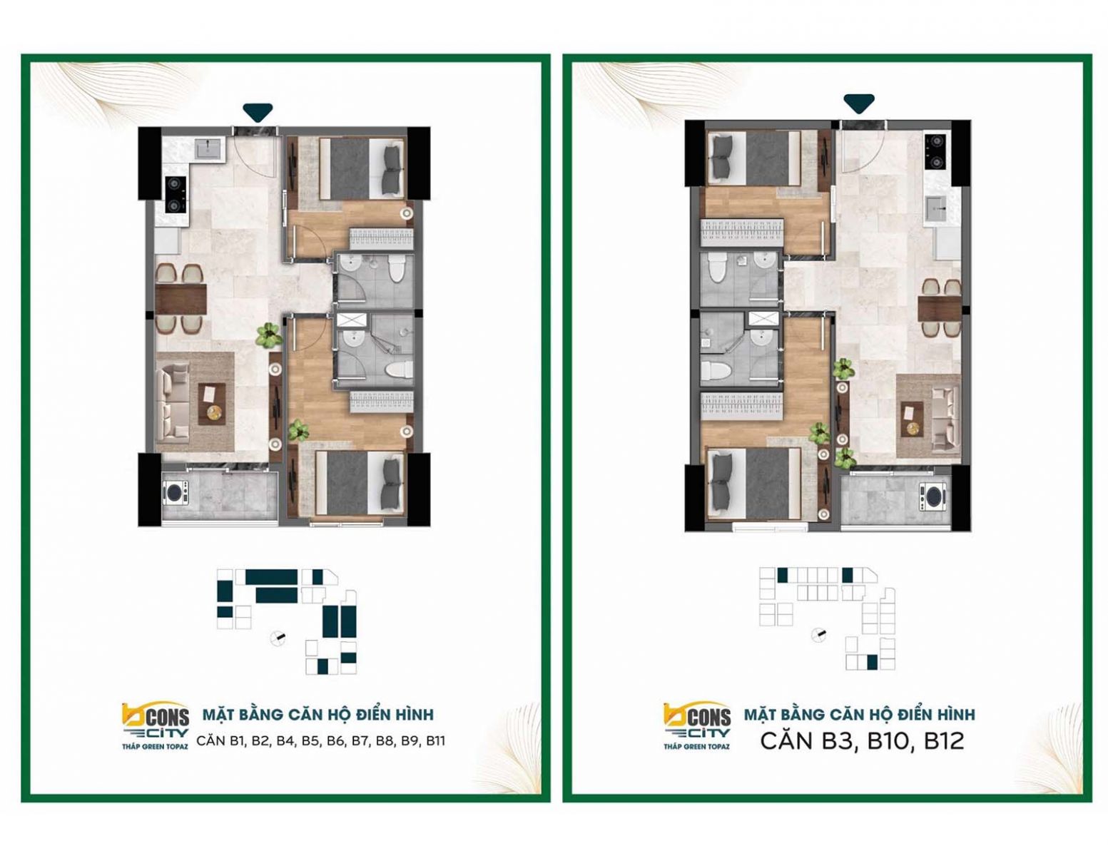 Layout thiết kế chi tiết căn B tháp Green Topaz