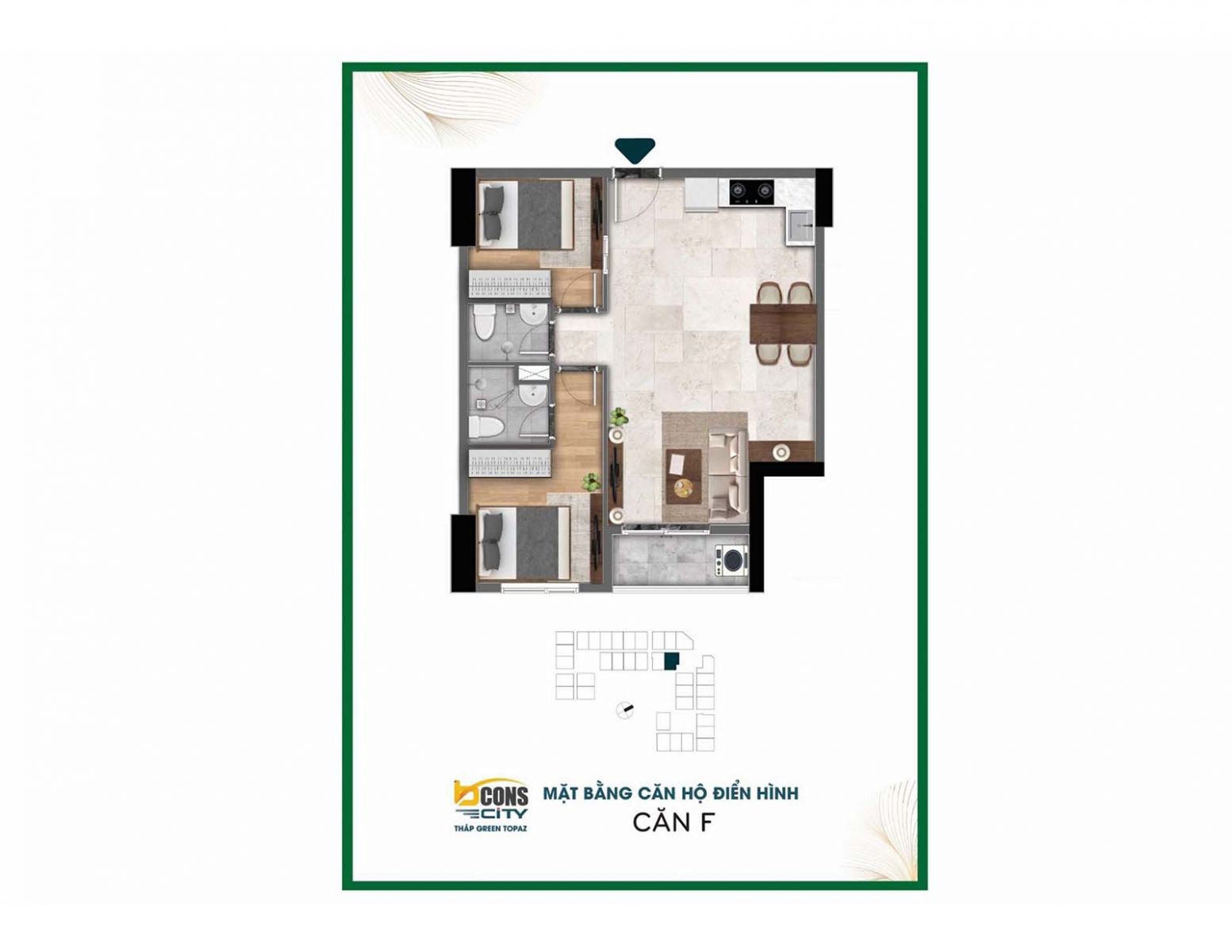 Layout thiết kế chi tiết căn F tháp Green Topaz