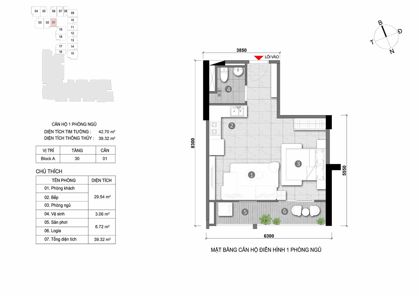 Layout thiết kế chi tiết  căn hộ Block A Opal Skyline mã căn số 01 tầng 30