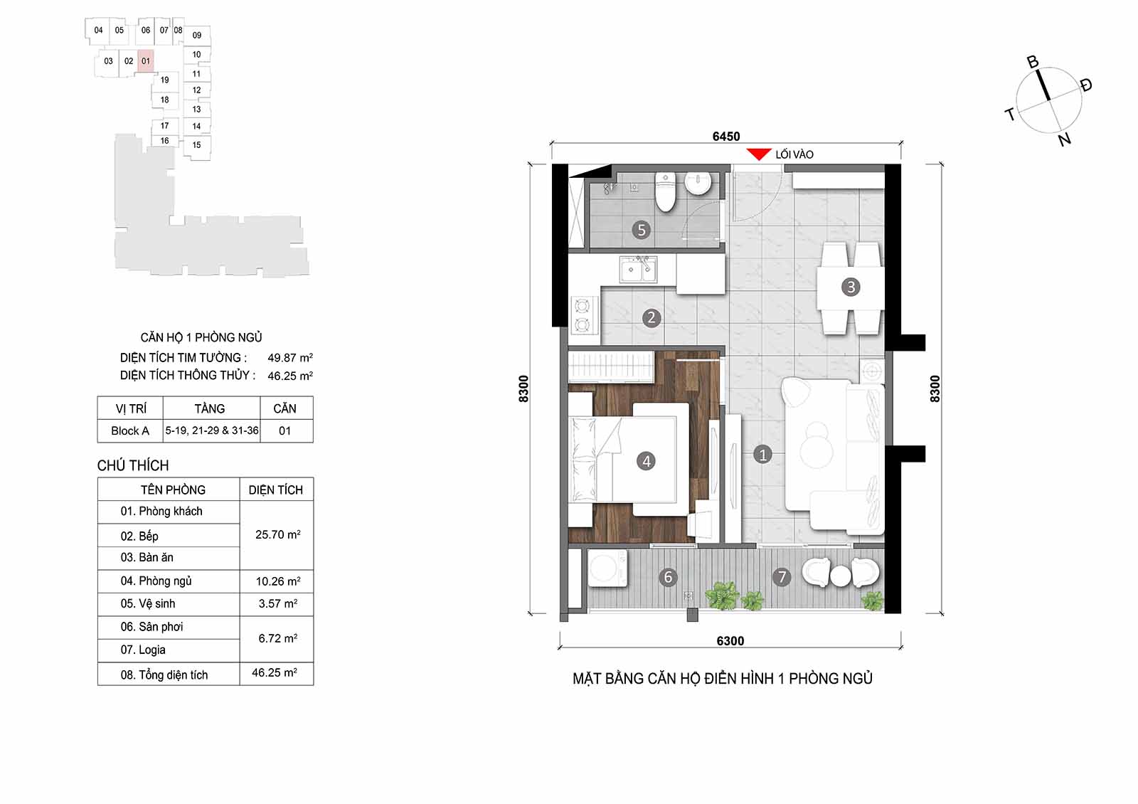 Layout thiết kế chi tiết căn hộ Block A Opal Skyline mã căn số 01