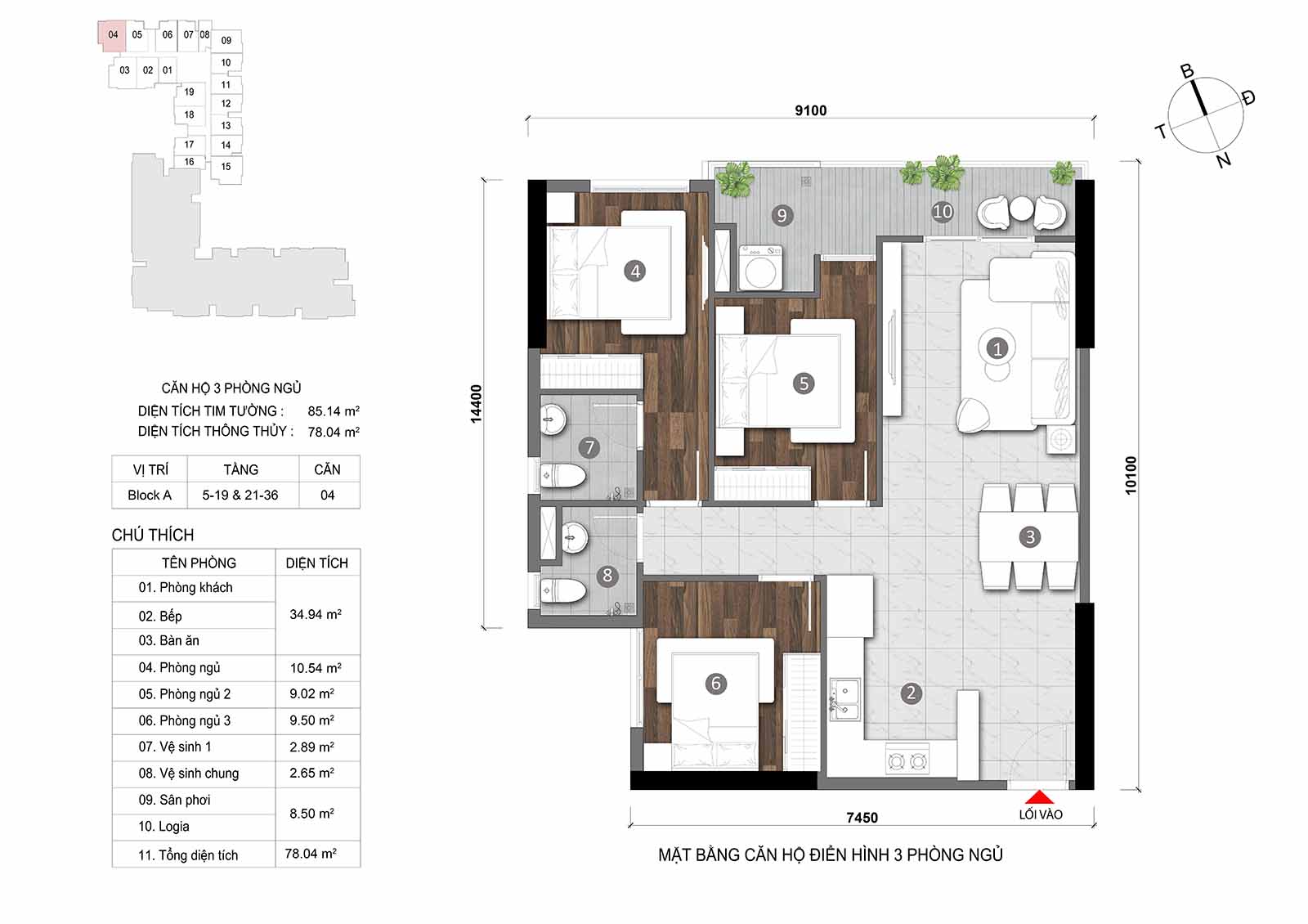 Layout thiết kế chi tiết  căn hộ Block A Opal Skyline mã căn số 04