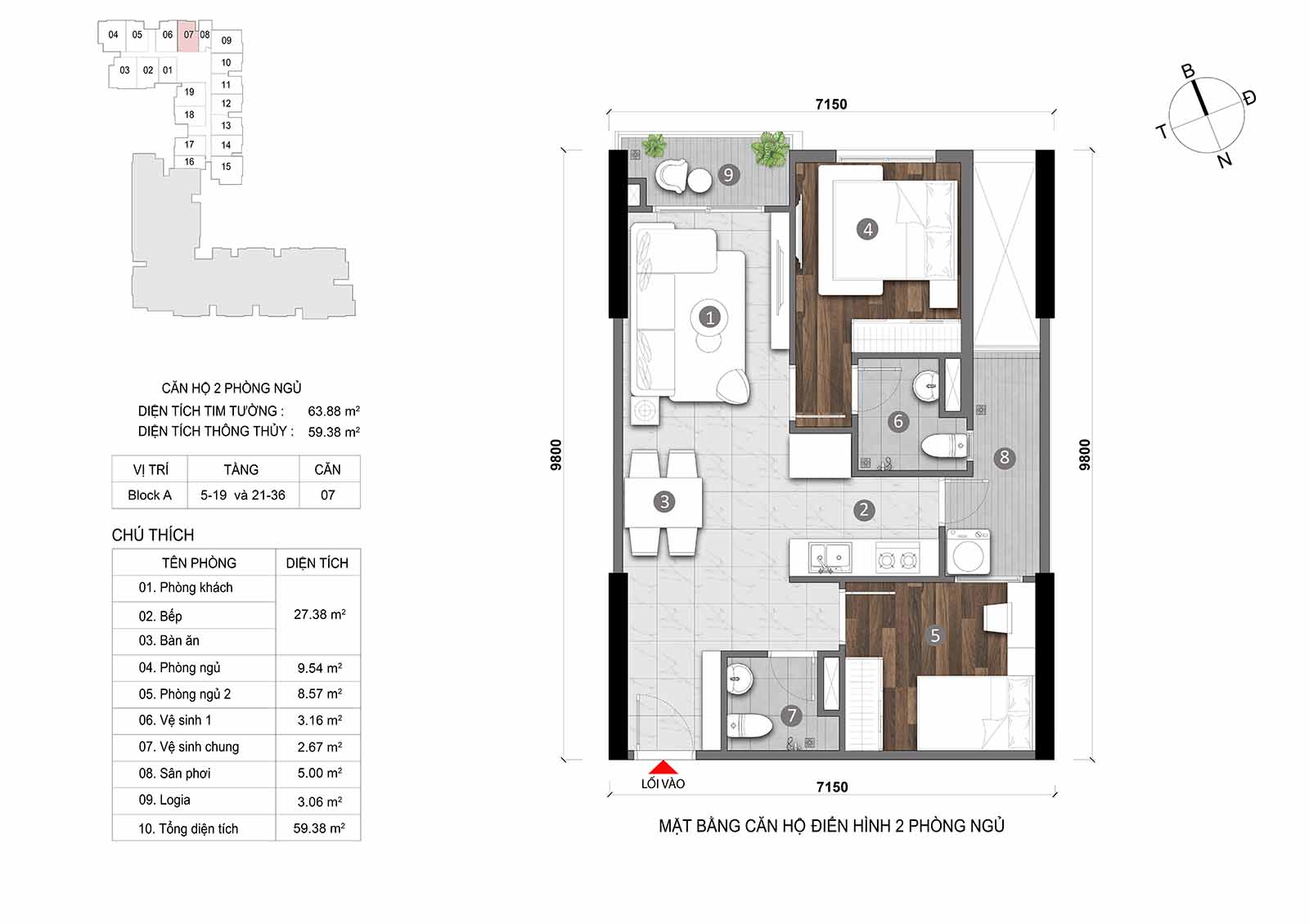 Layout thiết kế chi tiết  căn hộ Block A Opal Skyline mã căn số 07