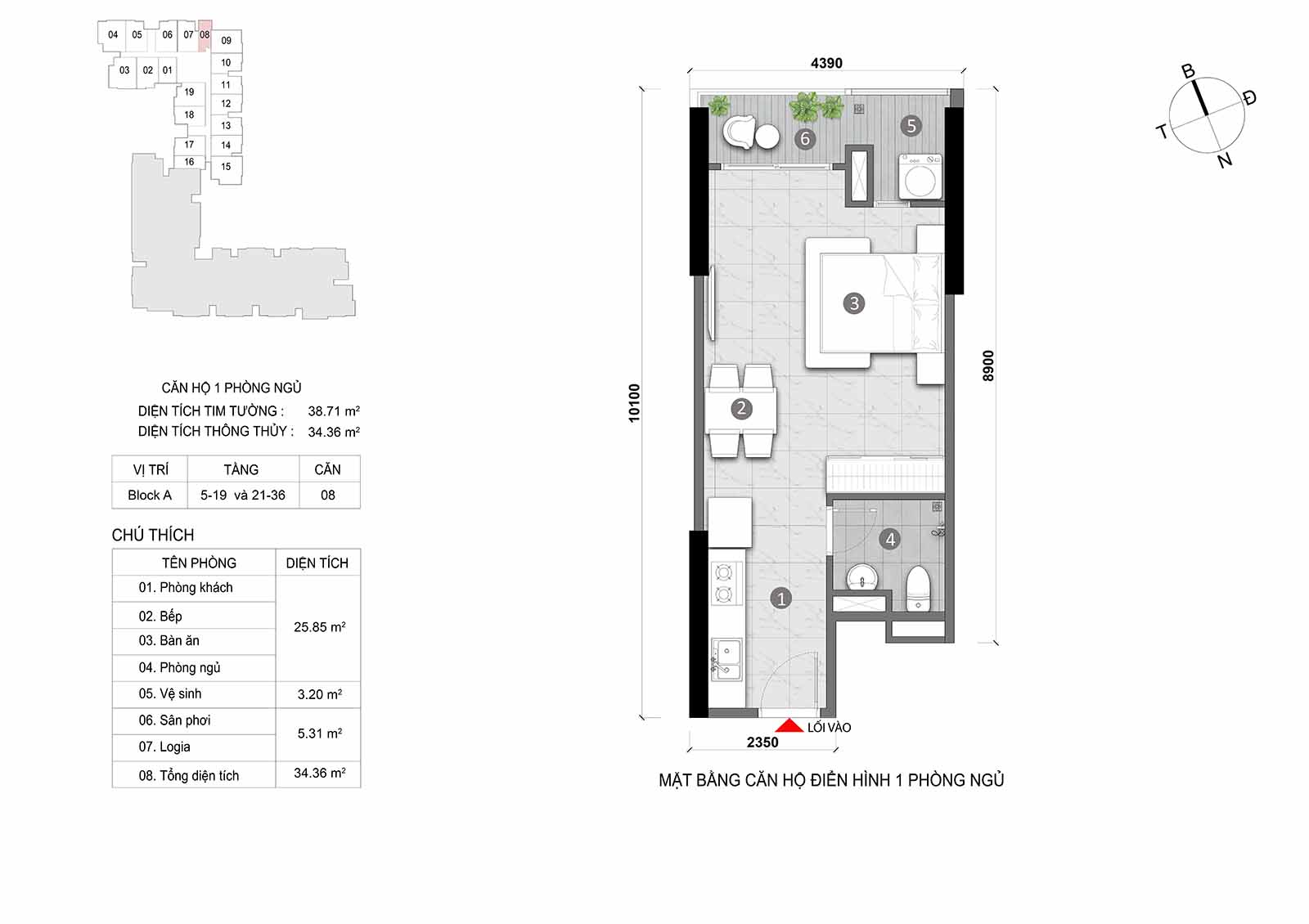 Layout thiết kế chi tiết  căn hộ Block A Opal Skyline mã căn số 08