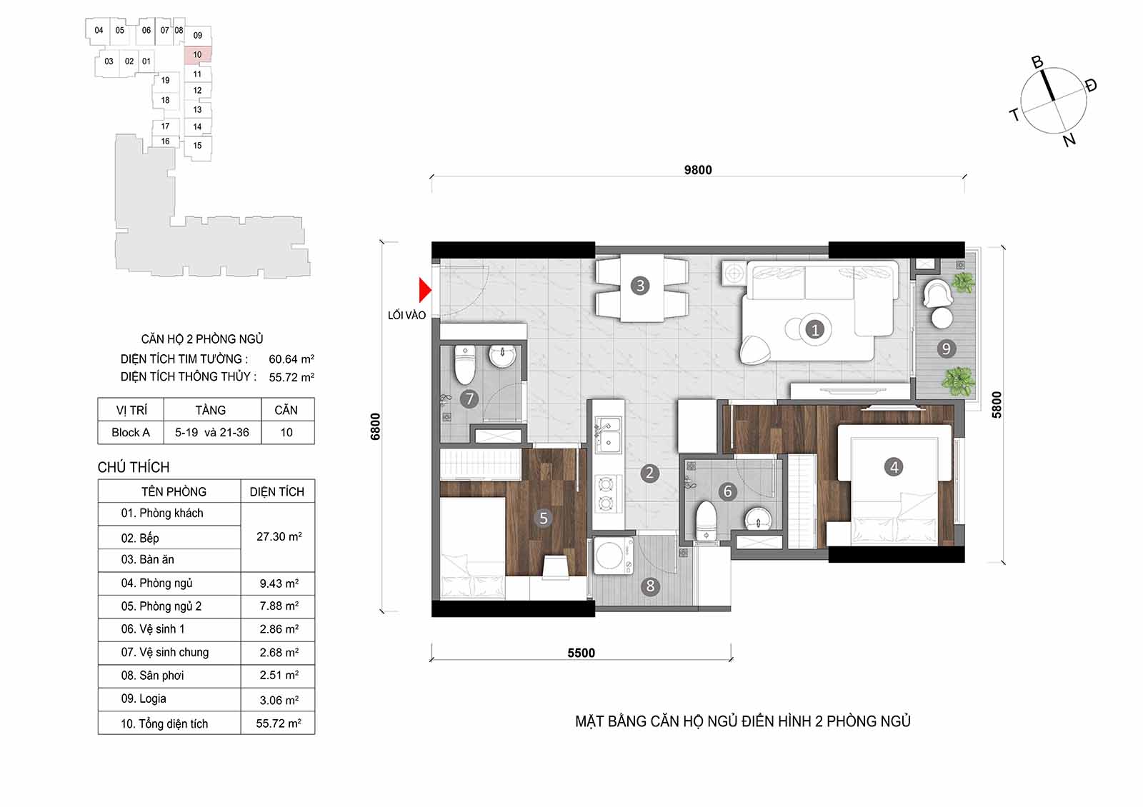 Layout thiết kế chi tiết  căn hộ Block A Opal Skyline mã căn số 10