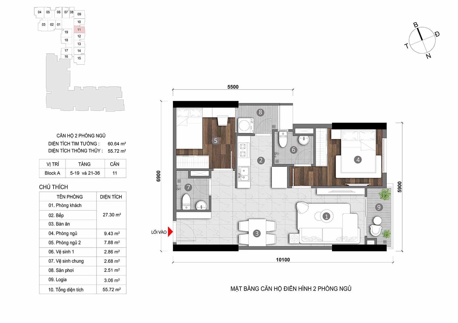 Layout thiết kế chi tiết  căn hộ Block A Opal Skyline mã căn số 11