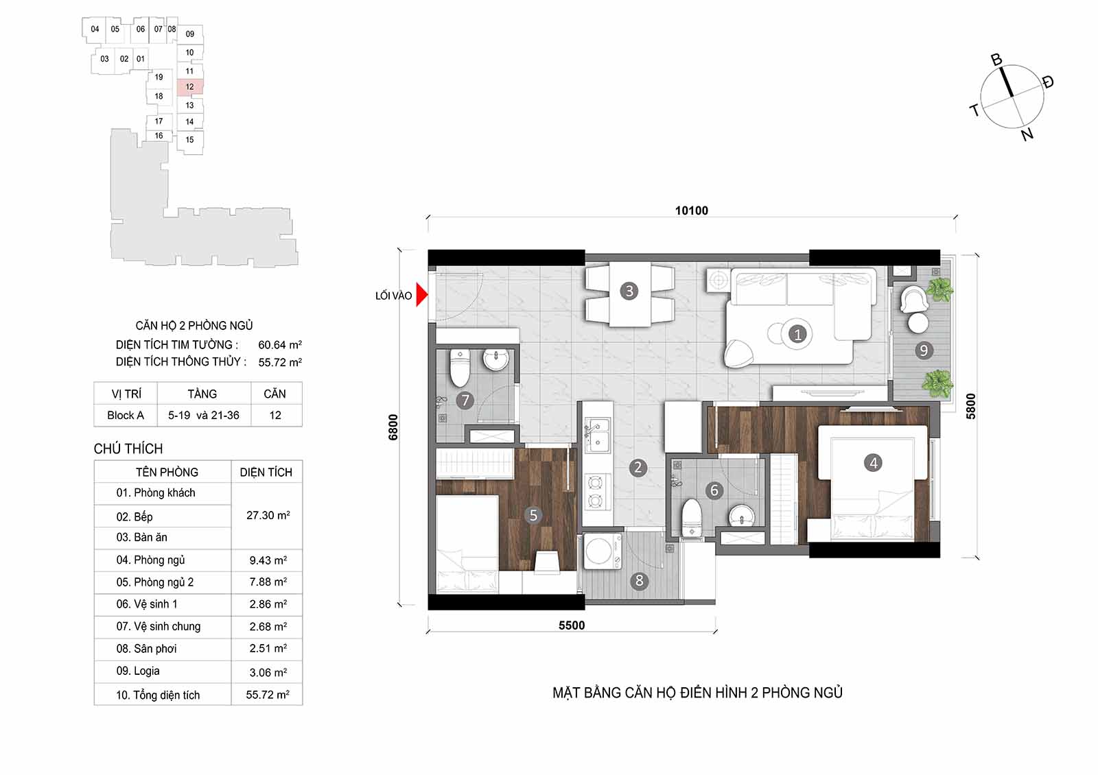 Layout thiết kế chi tiết  căn hộ Block A Opal Skyline mã căn số 12