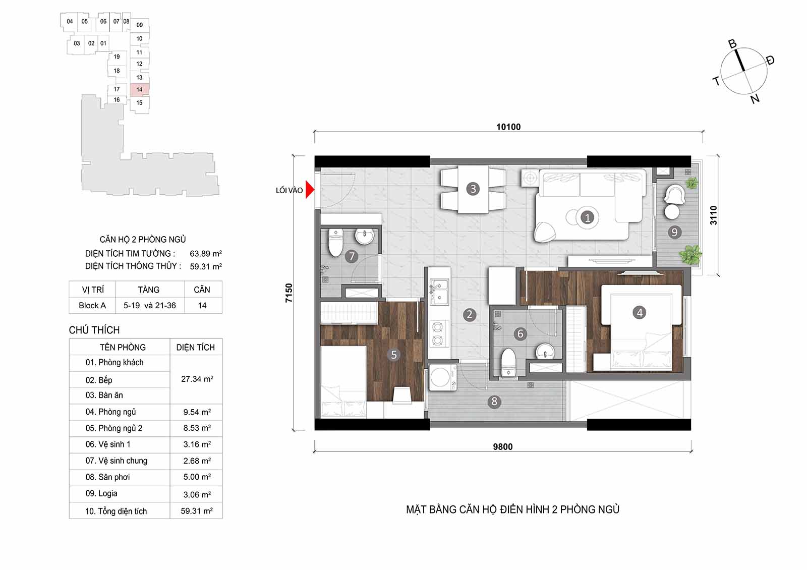 Layout thiết kế chi tiết  căn hộ Block A Opal Skyline mã căn số 14