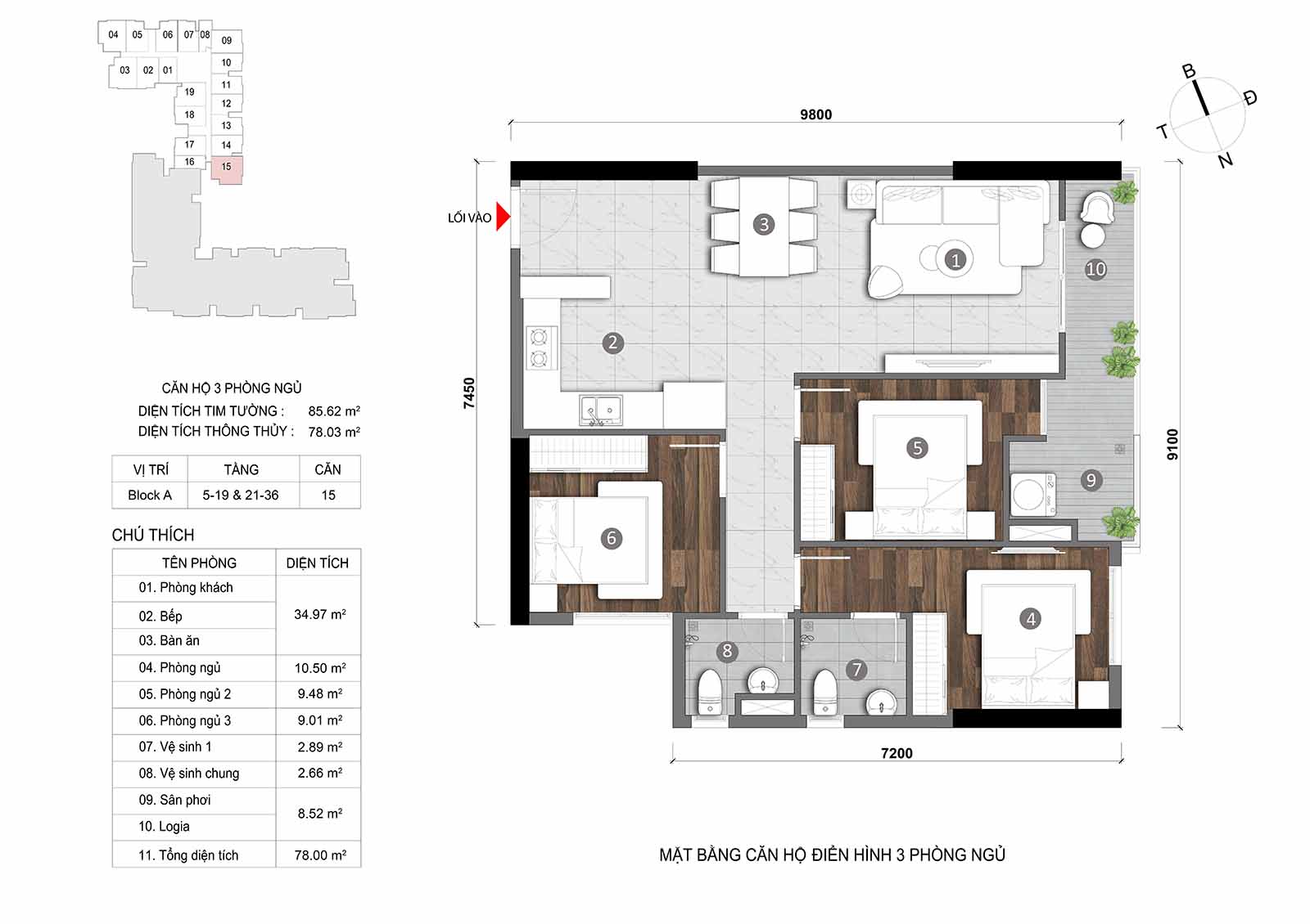 Layout thiết kế chi tiết  căn hộ Block A Opal Skyline mã căn số 15