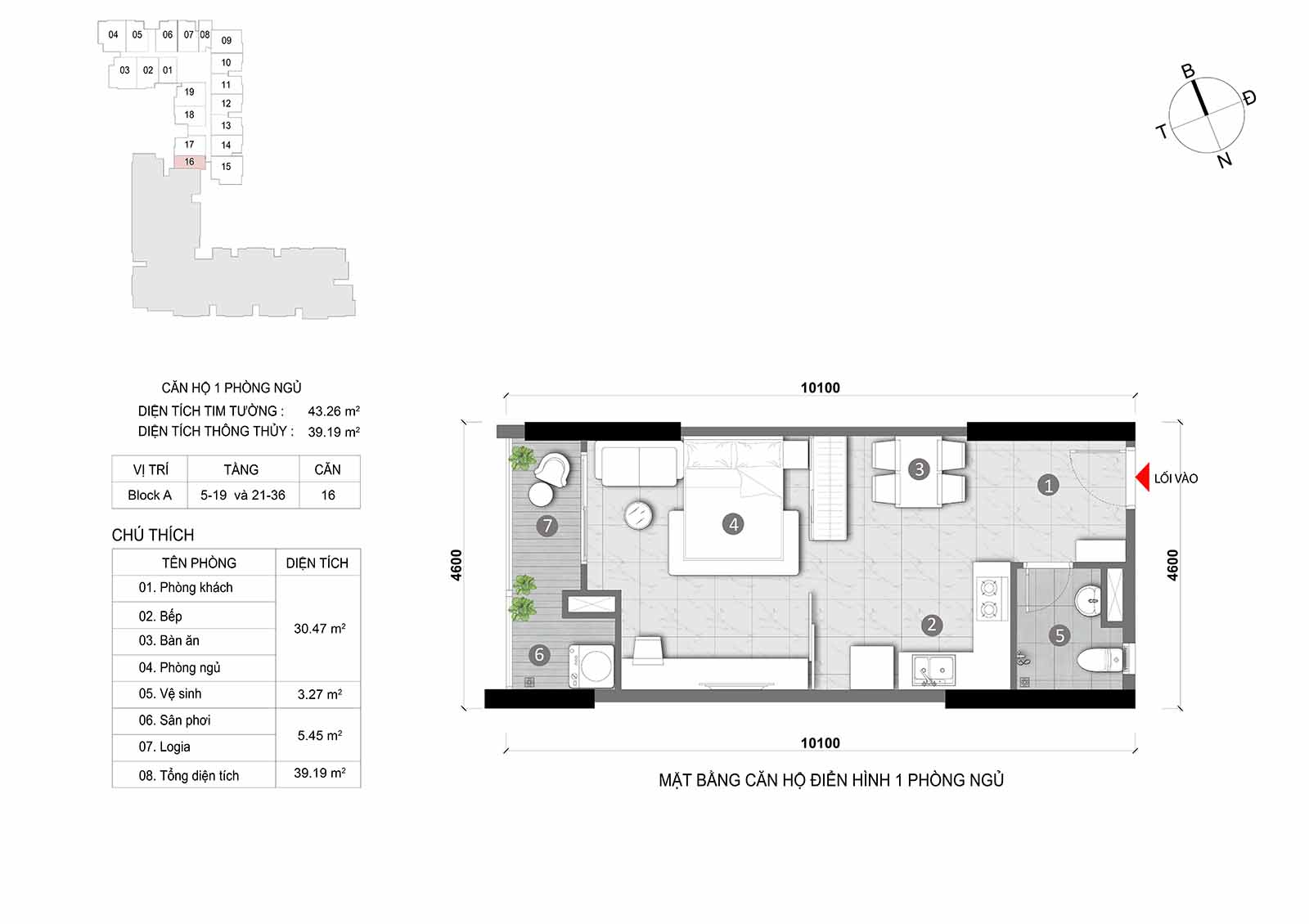 Layout thiết kế chi tiết  căn hộ Block A Opal Skyline mã căn số 16