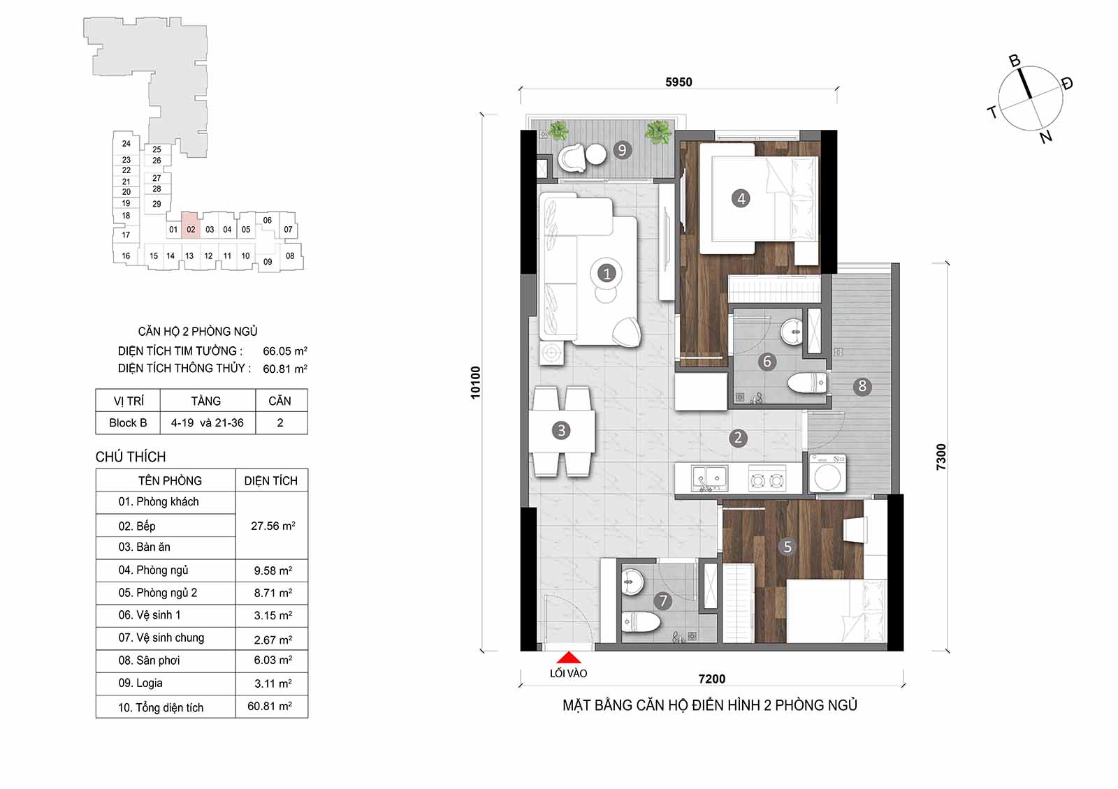Layout thiết kế chi tiết  căn hộ Block B Opal Skyline mã căn số 02