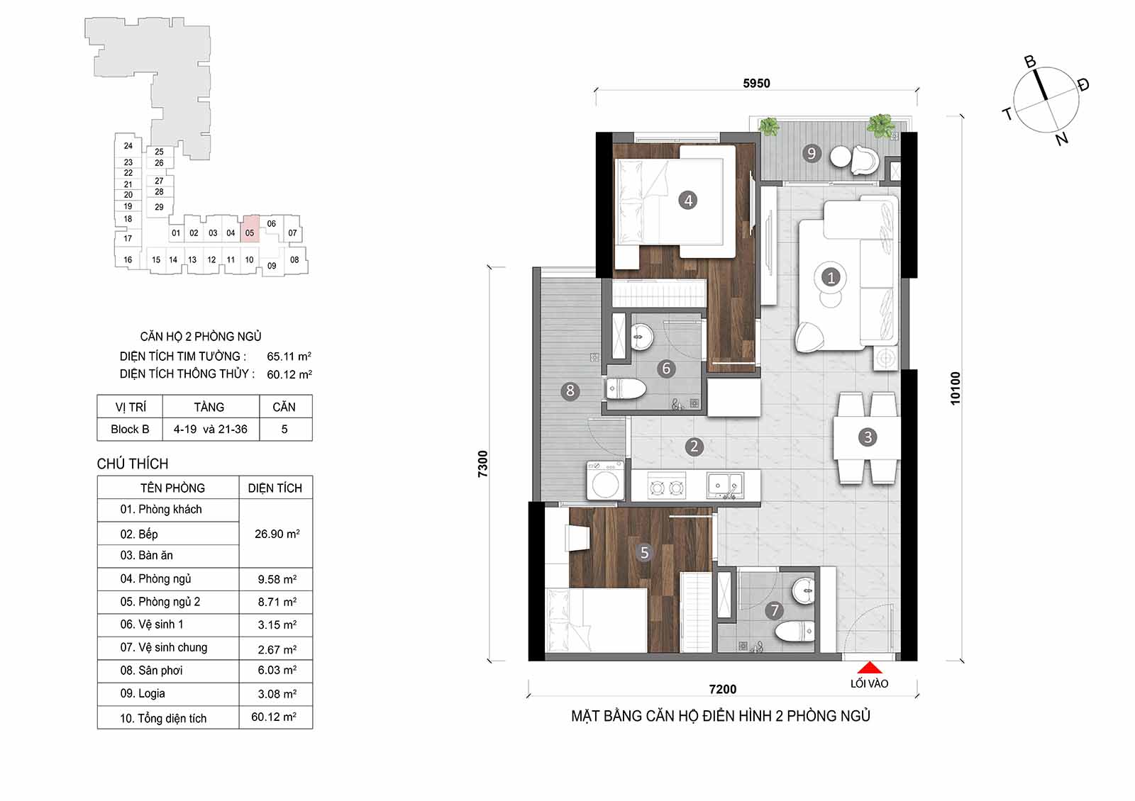 Layout thiết kế chi tiết  căn hộ Block B Opal Skyline mã căn số 05