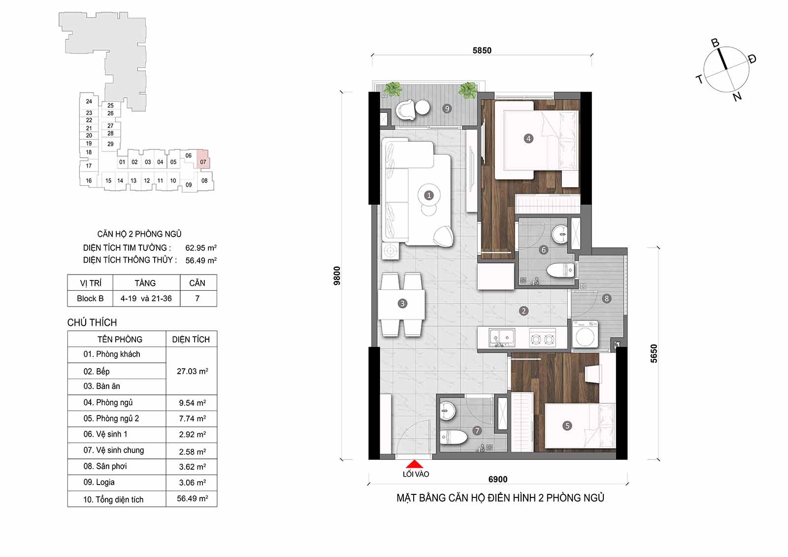 Layout thiết kế chi tiết  căn hộ Block B Opal Skyline mã căn số 07