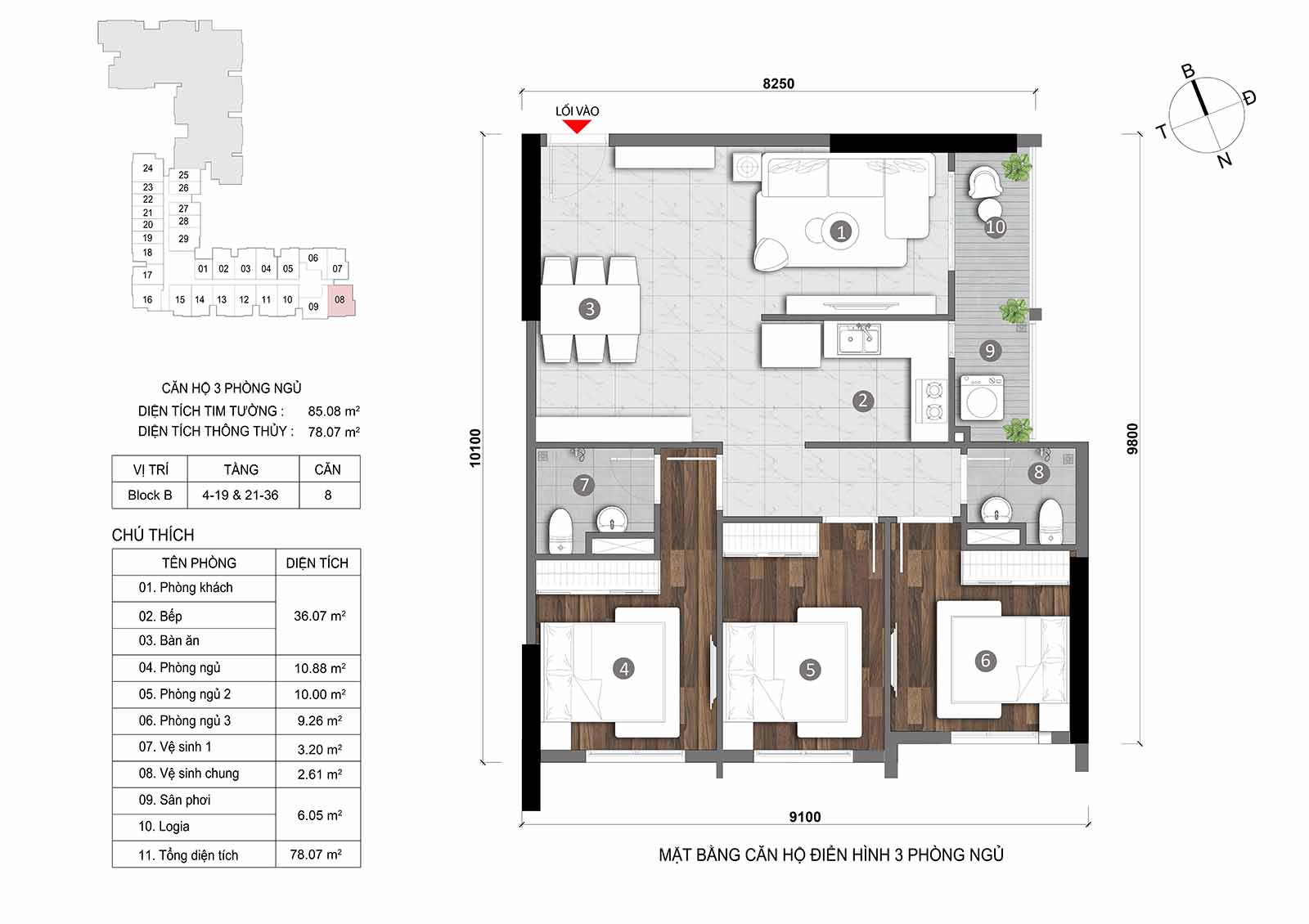 Layout thiết kế chi tiết  căn hộ Block B Opal Skyline mã căn số 08