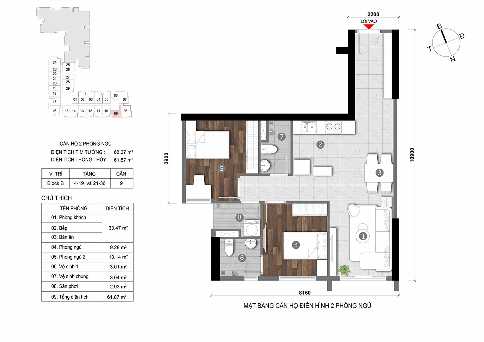 Layout thiết kế chi tiết  căn hộ Block B Opal Skyline mã căn số 09