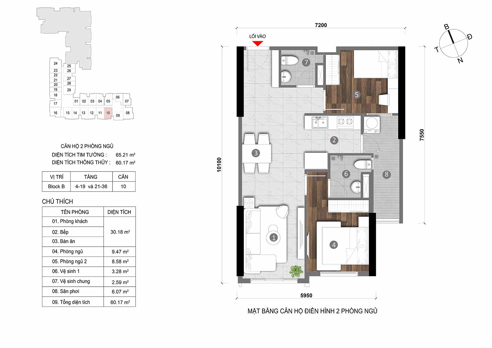 Layout thiết kế chi tiết  căn hộ Block B Opal Skyline mã căn số 10