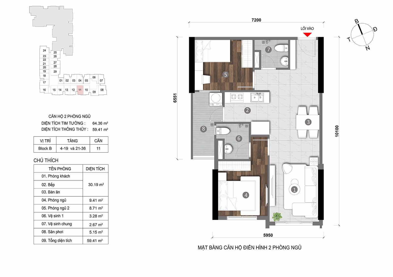 Layout thiết kế chi tiết  căn hộ Block B Opal Skyline mã căn số 11