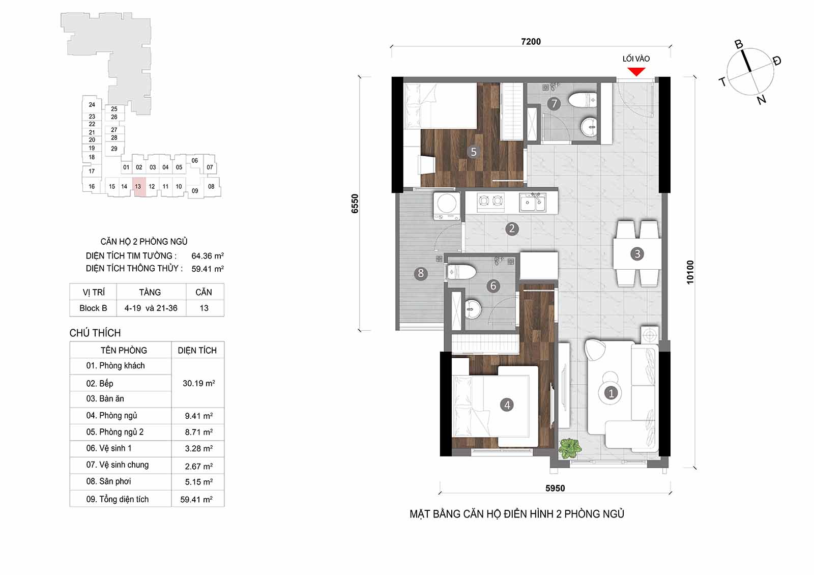 Layout thiết kế chi tiết  căn hộ Block B Opal Skyline mã căn số 13