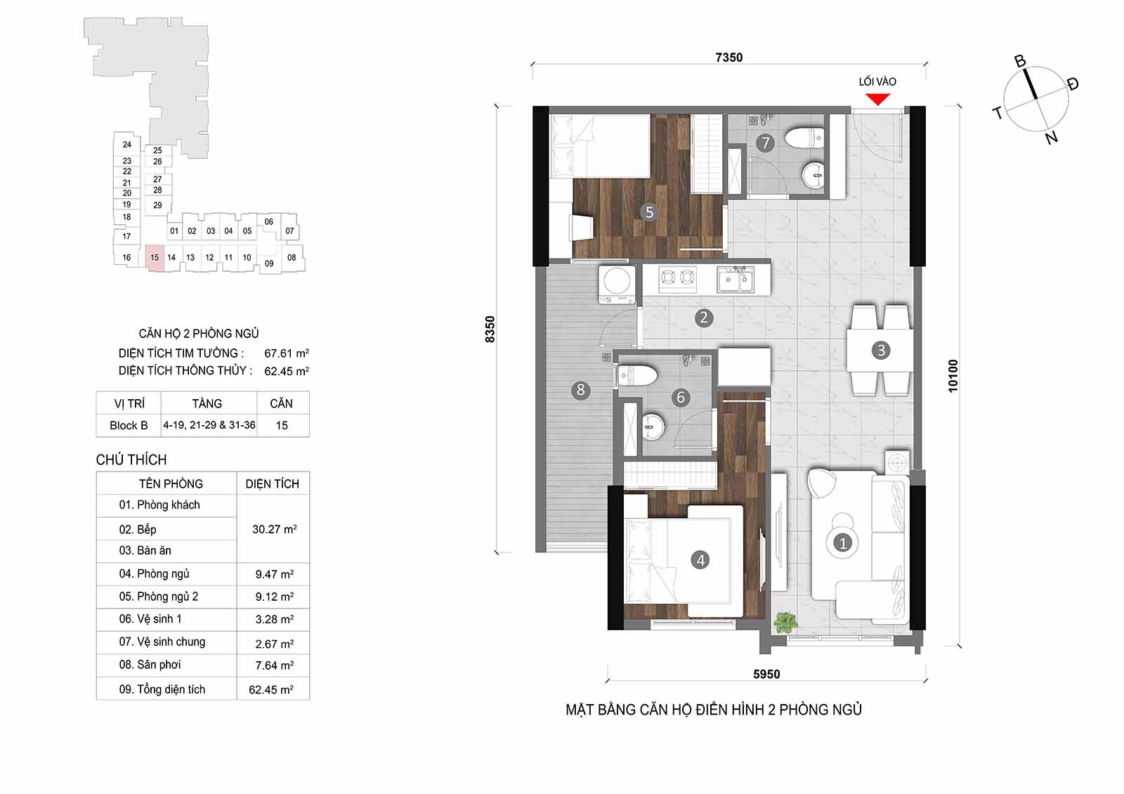Layout thiết kế chi tiết  căn hộ Block B Opal Skyline mã căn số 15