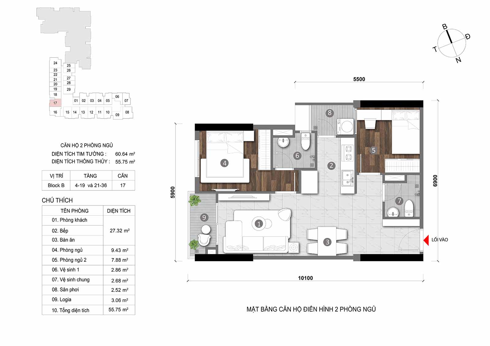 Layout thiết kế chi tiết  căn hộ Block B Opal Skyline mã căn số 17