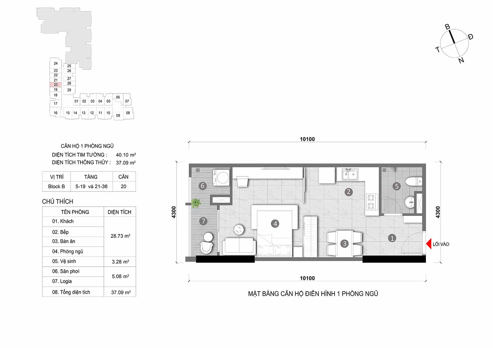 Layout thiết kế chi tiết  căn hộ Block B Opal Skyline mã căn số 20