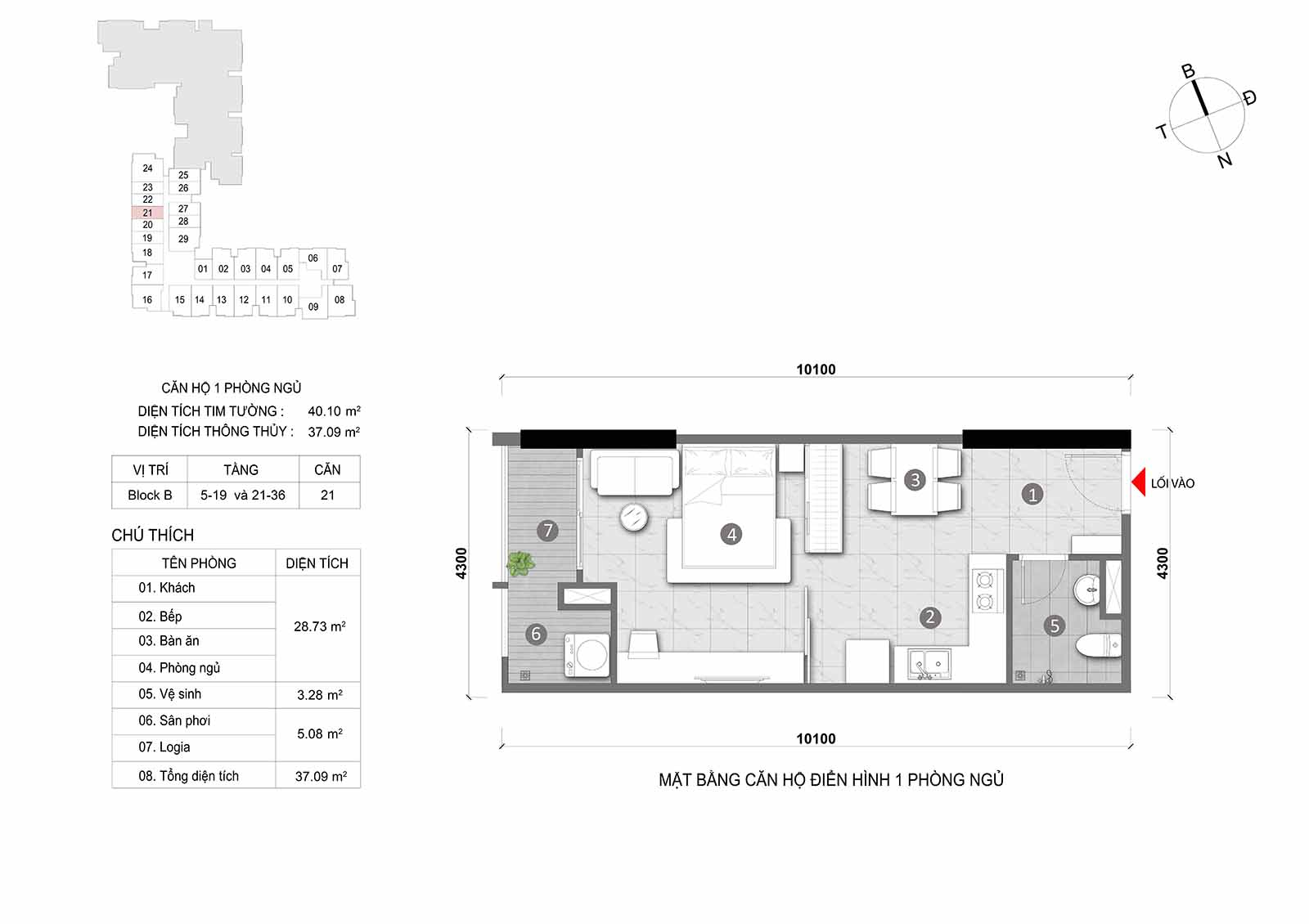 Layout thiết kế chi tiết  căn hộ Block B Opal Skyline mã căn số 21