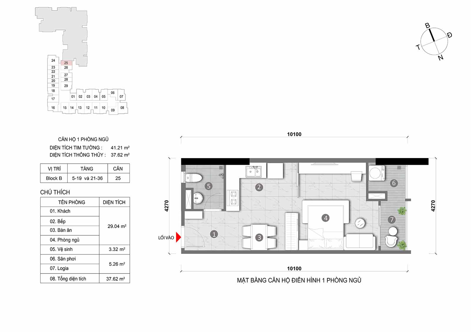 Layout thiết kế chi tiết  căn hộ Block B Opal Skyline mã căn số 25