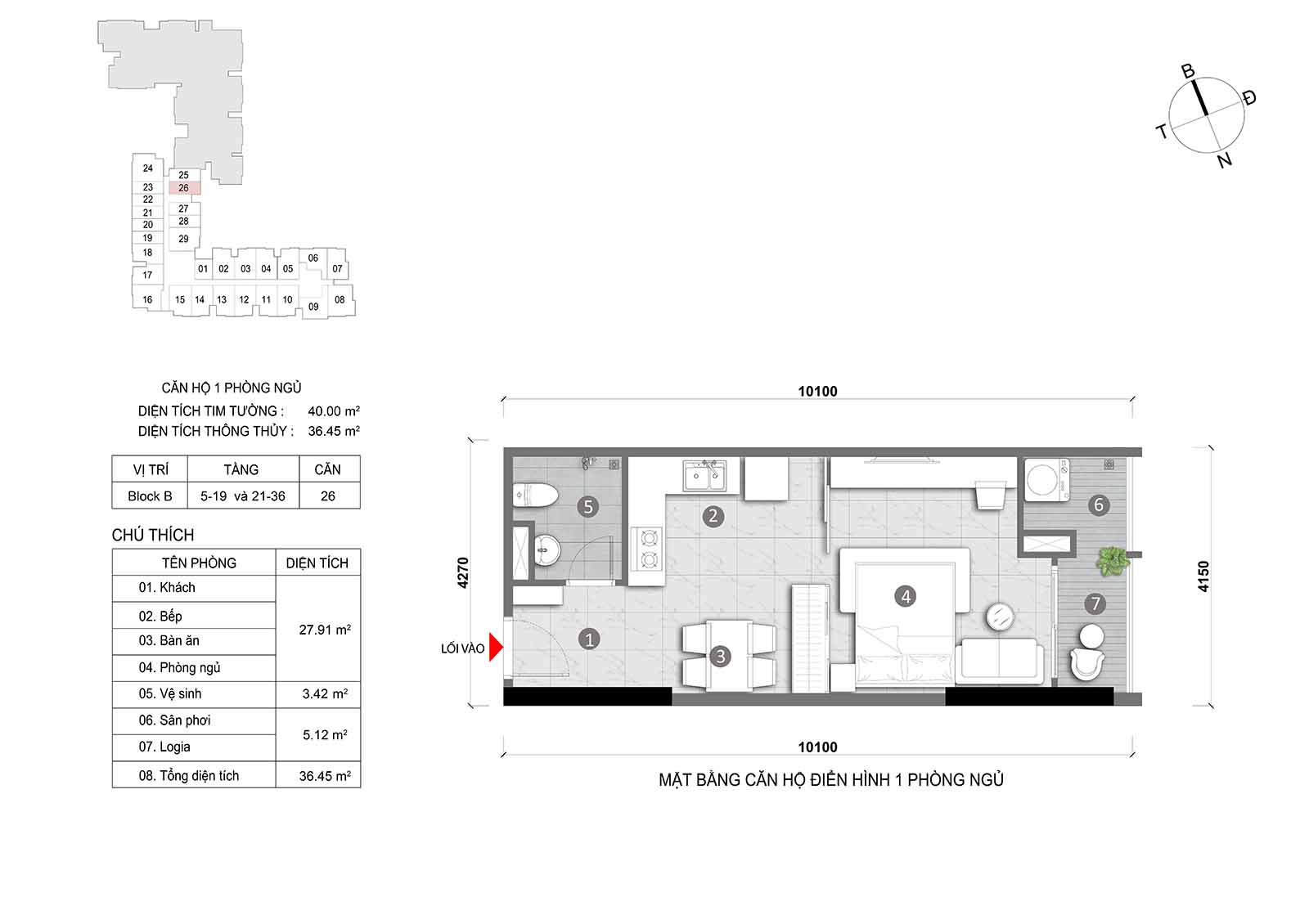 Layout thiết kế chi tiết  căn hộ Block B Opal Skyline mã căn số 26