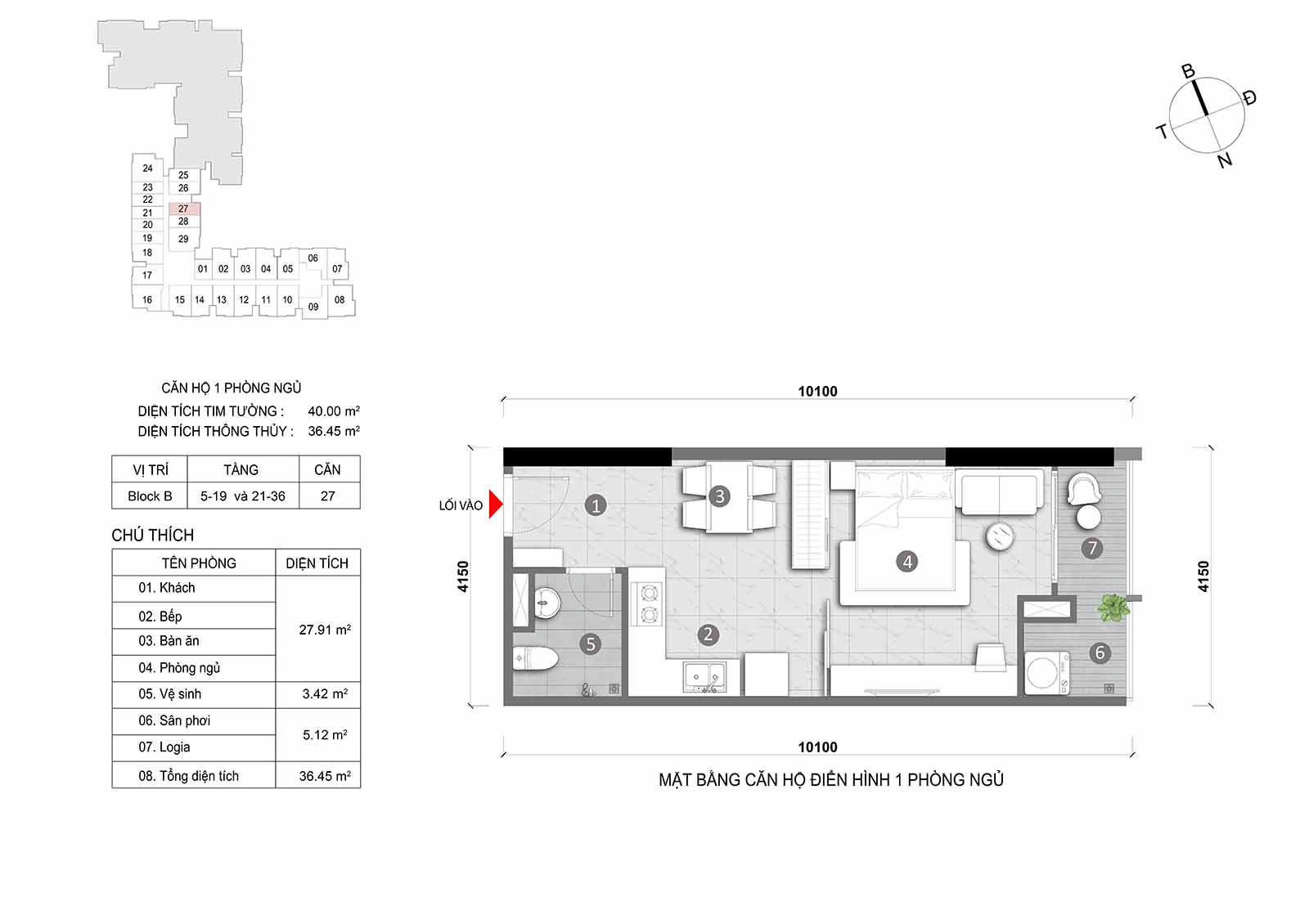 Layout thiết kế chi tiết  căn hộ Block B Opal Skyline mã căn số 27