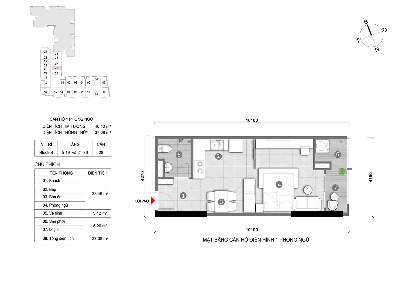 Layout thiết kế chi tiết  căn hộ Block B Opal Skyline mã căn số 28