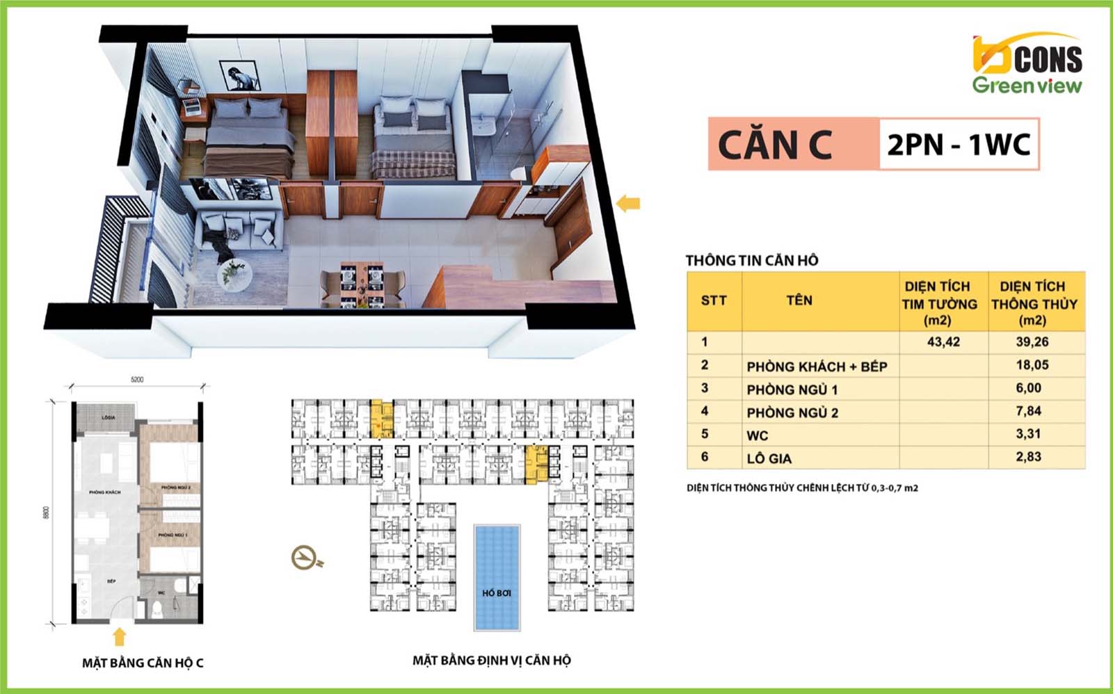 Layout thiết kế loại căn hộ 43.42m2 Bcons Green View
