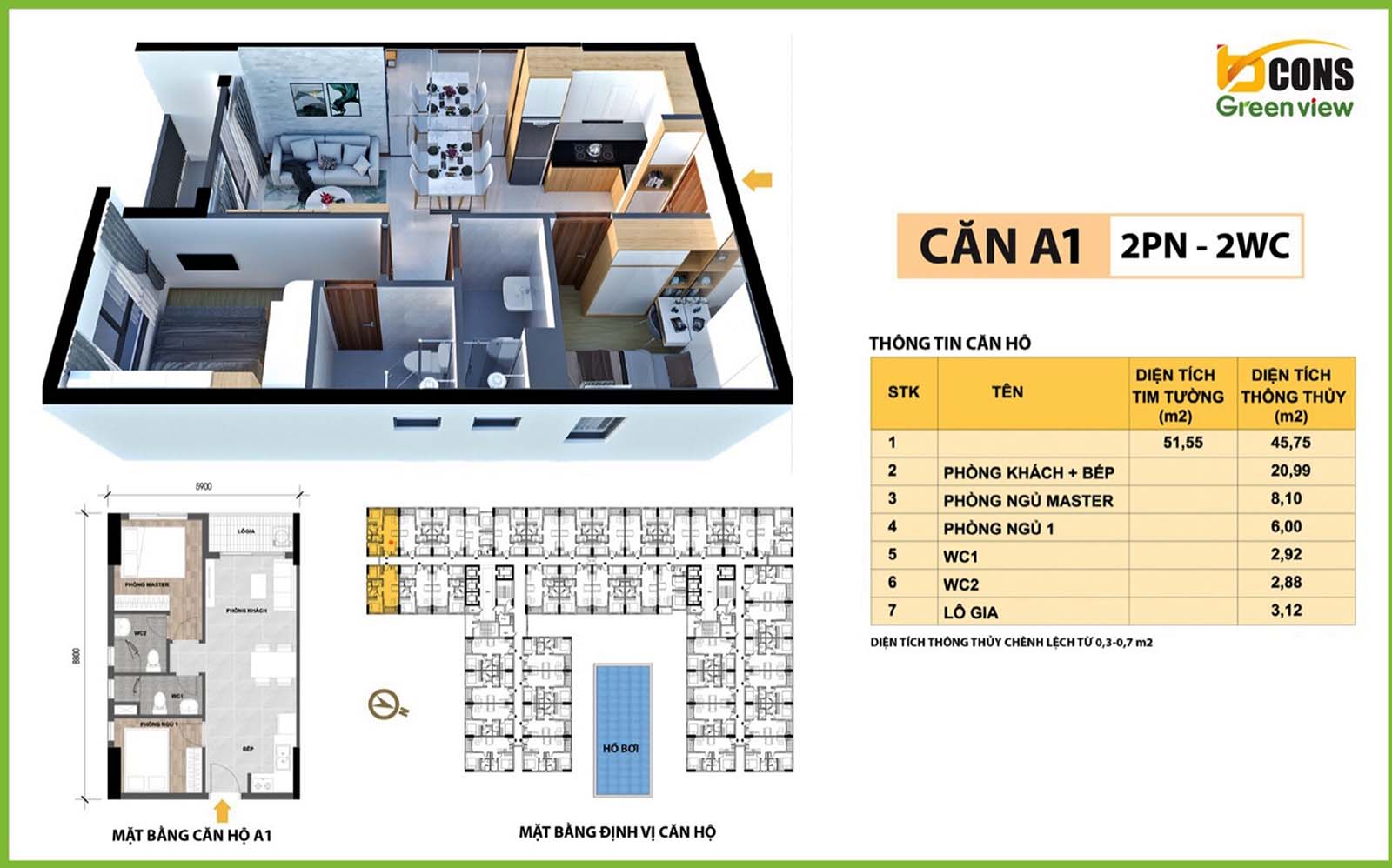 Layout thiết kế loại căn hộ 51,55m2 Bcons Green View