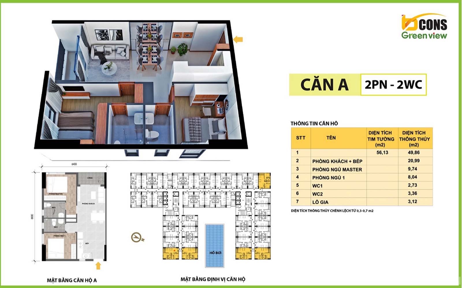 Layout thiết kế loại căn hộ 56.13m2 Bcons Green View