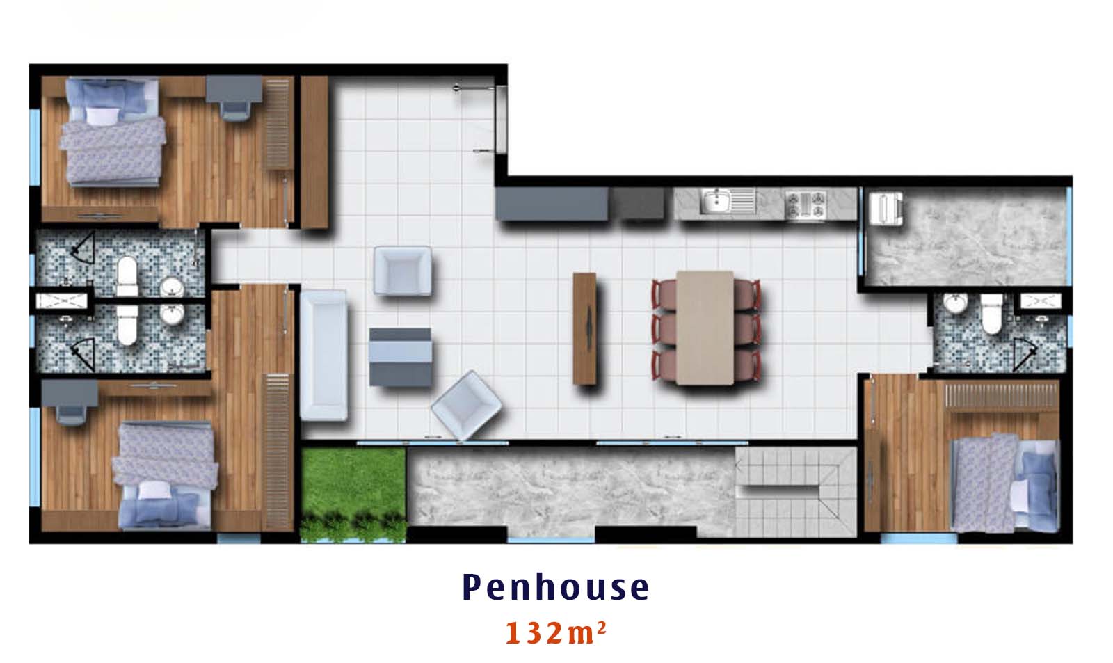 Layout thiết kế chi tiết căn Penhouse 132m2 Phú Đông Premier