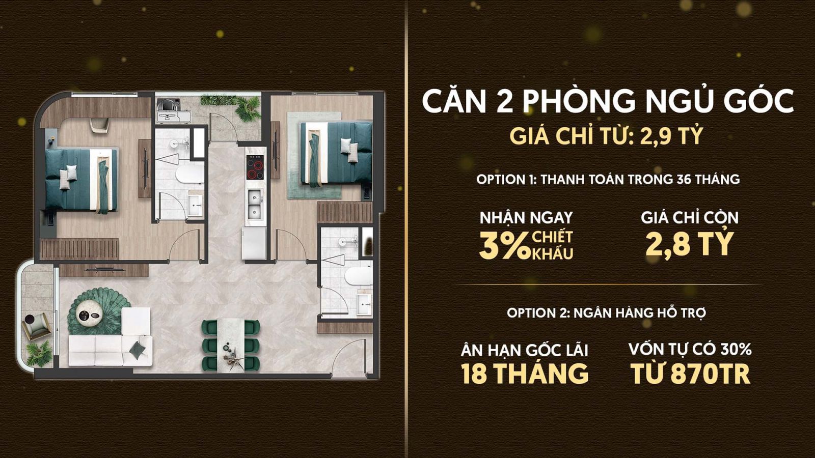 Layout thiết kế chi tiết căn 2PN góc The Emerald 68